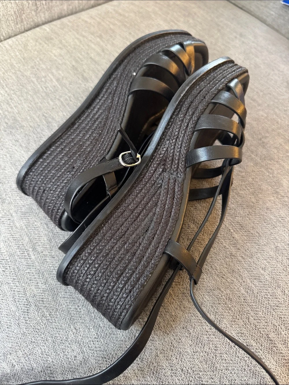 PAIGE Black Strappy Espadrille Jill Wedge Sandal with Ankle Strap